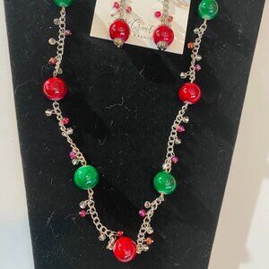 Red and green silver chain Christmas necklace and earings